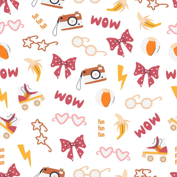 Retro hippie seamless pattern isolated on white. Textile vintage style print with camera, skate rollers, beach ball, banana. Nostalgic summer vibes repeated background. Hand drawn vector illustration