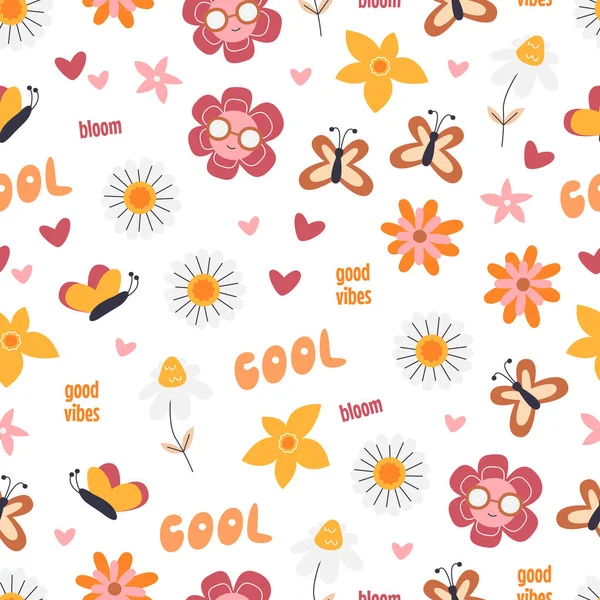 Retro Psychedelic Daisy Flowers Seamless Pattern Isolated White Groovy Nature — 图库矢量图片