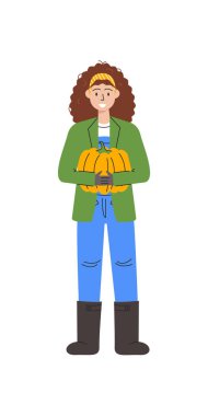 Young woman bringing ripe squash. Female character harvesting seasonal vegetables. Curly girl farmer isolated on white. Kitchen garden worker concept design. Hand drawn flat vector illustration