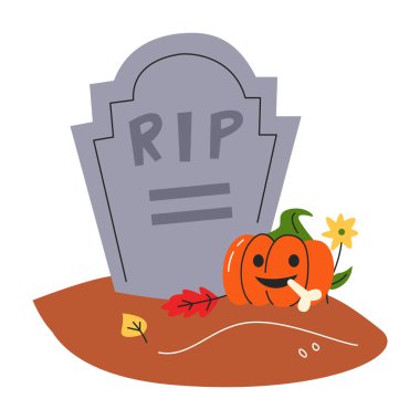 Grey memorial tombstone with spooky pumpkin in cemetery. Halloween concept design isolated on white. Jack lantern with evil smiling face and bone next to grave. Hand drawn flat vector illustration