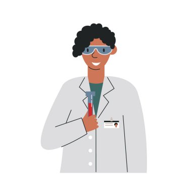 Afrikalı Amerikalı kadın laboratuvar çalışanı insan donör kanını inceliyor. Doktor hematolog biyomateryal teşhisi koyuyor. Kan testi tüpü tutan kadın doktor. El çizimi düz vektör çizimi beyaza izole edildi