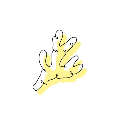 Kokulu baharat bitkisi kökü bir beyazı izole etti. Soyut sarı noktalı koyu renkli çizim. Organik minimalist sebze silueti konsepti. El çizimi sürekli düz vektör çizimi