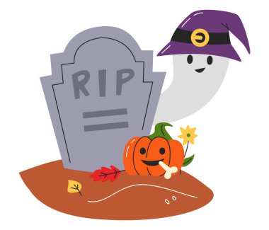 Cadılar Bayramı balkabaklı anıt mezar taşı. Mezarının yanında gülümseyen şeytani suratlı Jack Lantern. Cadı şapkalı uçan hayalet silueti. Cadılar Bayramı karakterleri. El çizimi düz vektör çizimi izole edildi