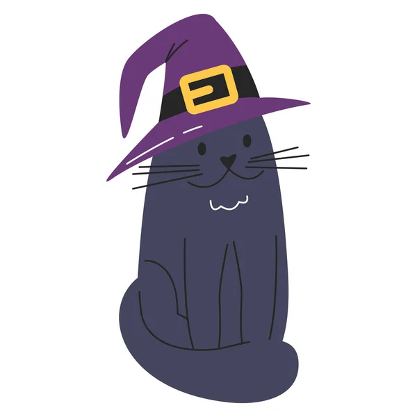 Animal Doméstico Símbolo Tradicional Halloween Gatito Negro Divertido Sombrero Púrpura — Archivo Imágenes Vectoriales
