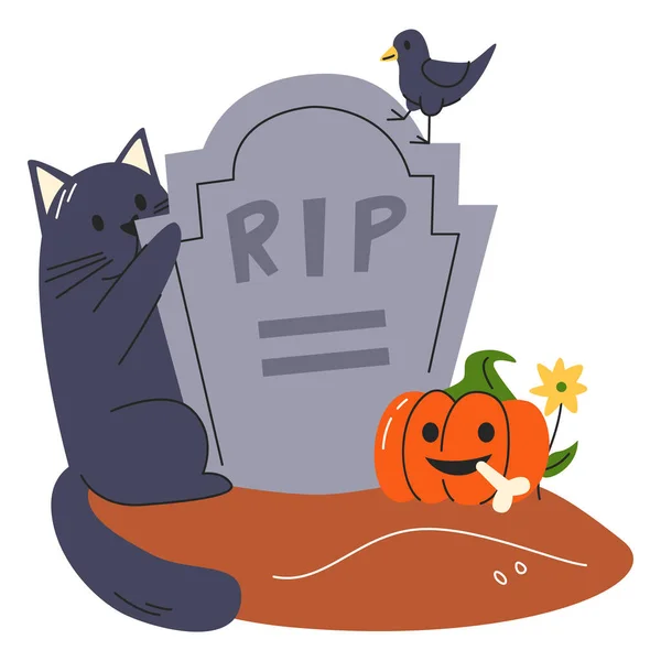 Grijze Grafsteen Met Halloween Pompoen Geïsoleerd Fluffy Zwarte Kat Naast — Stockvector