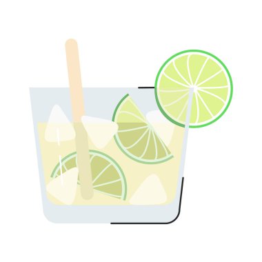 Caipirinha yaz tatlı kokteyli beyaza izole edilmiş. Limonlu ve buzlu popüler Brezilyalı alkolik içeceği. Şeker ve narenciye ile soğuk ve taze içecek. Mojito düz vektör çizimi