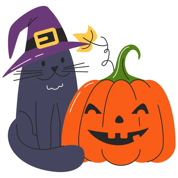 Chat Sorcier Halloween Avec Lanterne Jack Isolé Sur Blanc Design — Image vectorielle