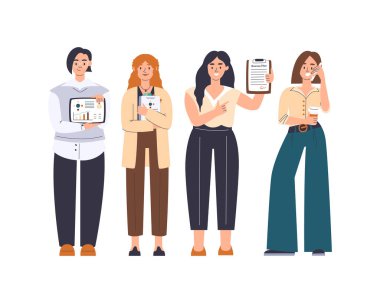 İş kadınları takım çalışması konsepti. İş planı ve teknoloji araçlarıyla ayakta duran farklı kadın profesyoneller. Kurumsal ekip sunumu. İş kadınları elle çizilmiş düz vektör çizimi