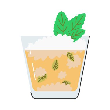 Nane likörü yaz tatlı kokteyli, buzlu bardakta, beyaza izole edilmiş. Nane yaprakları ve buz küpleriyle geleneksel Kentucky içkisi. Şeker şuruplu alkollü içecek. Mojito düz vektör çizimi