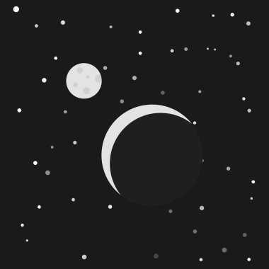 Gezegenin ve yıldızlı dış uzayın arka planındaki ayın basit bir gösterimi. Vektör.