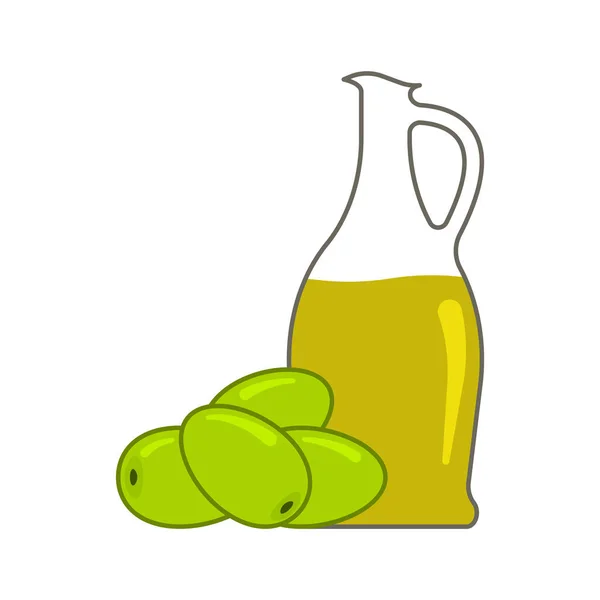Grüne Oliven mit einer Flasche Olivenöl. Nettes Bild von vier Oliven in einem Haufen und einer Glasflasche Öl. Isolierte Vektordarstellung auf weißem Hintergrund. — Stockvektor