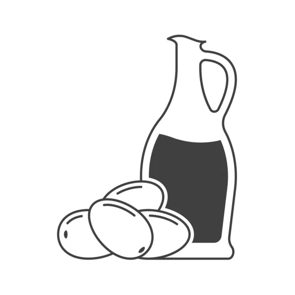 Yanında zeytin yağı şişesi ikonu ve zeytin. Sağlıklı ve sağlıklı yiyeceklerin basit bir çizgisi. Saf beyaz arkaplanda izole edilmiş vektör. — Stok Vektör