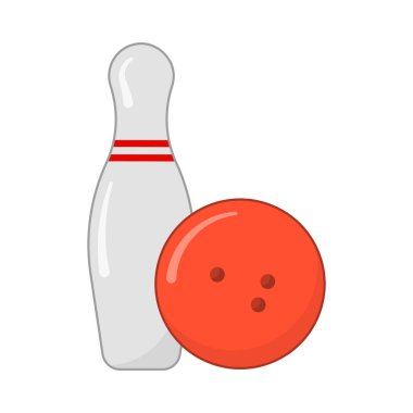 Bowling topu ve Skittles çizgi film ikonu. Temiz beyaz arkaplanda basit bir izole vektör.