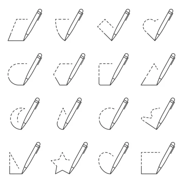 La pluma dibuja formas geométricas. Conjunto de iconos lineales aislados. Vector sobre fondo blanco puro. — Archivo Imágenes Vectoriales