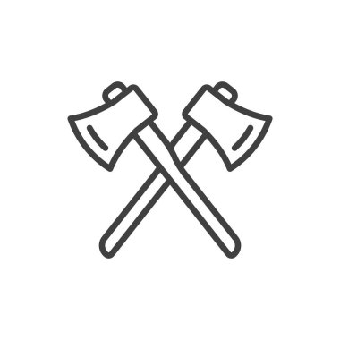 İki çapraz eksenin doğrusal simgesi. Ormanların tahrip edilmesi ve odun kesilmesi için baltaların basit bir görüntüsü. Saf beyaz arkaplanda izole edilmiş vektör.