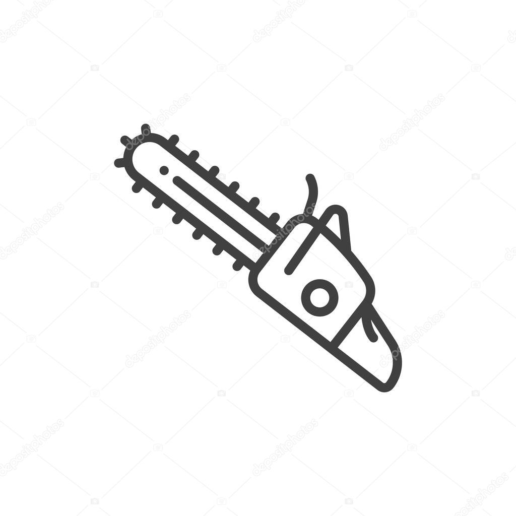 Chainsaw icon. A simple line drawing of a chainsaw or an electric saw for cutting trees. Simple isolated vector on a clean white background