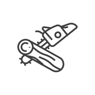 Elektrikli testere simgesi bir kütüğü kesiyor. Testereyle kesme işleminin basit bir doğrusal temsili. Saf beyaz arkaplanda izole edilmiş vektör.