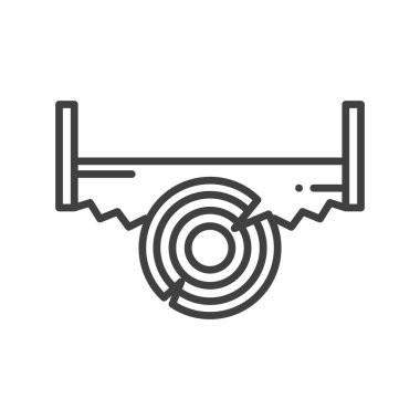 Kütük kesen iki elli testere ikonu. Ahşap bir kütük ve iki elli bir testere çizimi. Saf beyaz arkaplanda izole edilmiş vektör.