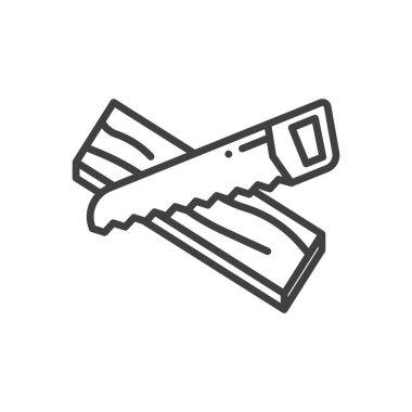 Tahtayı kesen bir el testeresi. Düz bir tahta ve el testeresi çizimi. Tahtayı kesmek için bir sembol. Saf beyaz arkaplanda izole edilmiş vektör