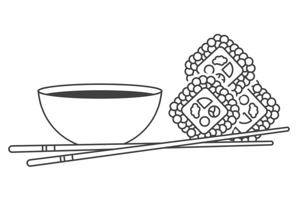Ikoon van stokjes samen met sushi en sojasaus beker. Een eenvoudige lijntekening van traditionele keukenartikelen. Geïsoleerde vector op zuiver witte achtergrond. — Stockvector