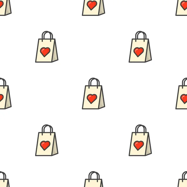 Seamless pattern with a paper bag for gifts. A simple image of a package with a heart. Vector. — Stock Vector