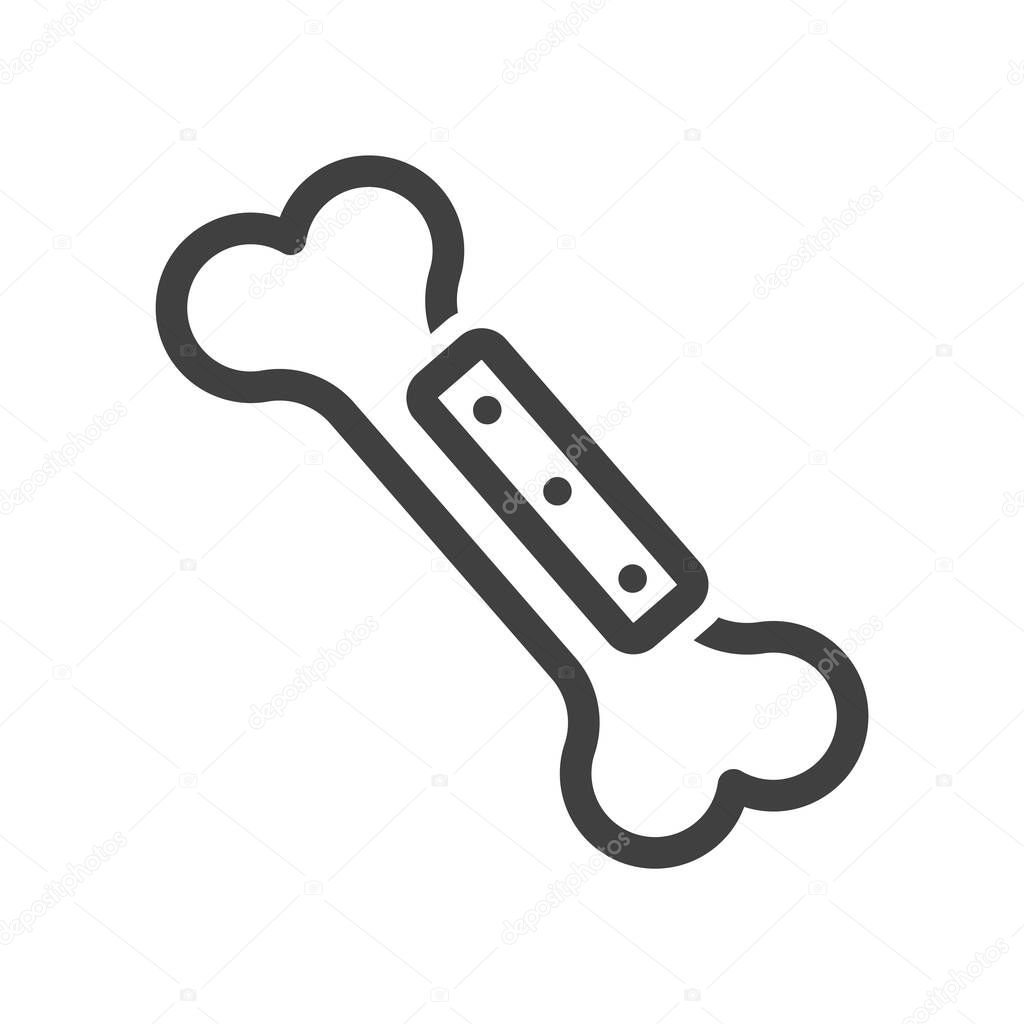 Plate icon on human bone. A simple line drawing of a method of treating a broken bone with metal plates. Isolated vector on white background.