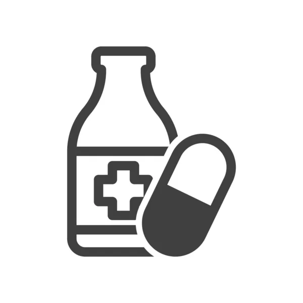 Medicijnen icoon. Een eenvoudige lijntekening van een glazen fles van een medische vloeistof, evenals een orale tablet. Geïsoleerde vector op zuiver witte achtergrond. — Stockvector