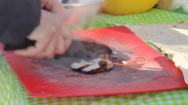 Kadın elleri kış pikniğinde sebze rulosu için ızgara bbq bifteği, dışarıda soğukta ev yapımı bükümlü fast food için dilimlenmiş et.