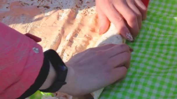 Kadın Eli Kış Pikniğinde Soslu Pide Sebze Rulosu Pişirir Soğuk — Stok video
