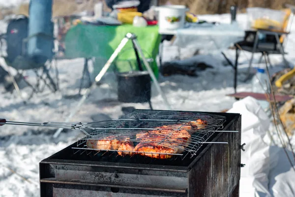 Barbecue Invernale Composizione Della Comitiva All Aperto Grill Steak Meat Fotografia Stock