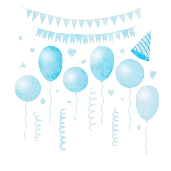 Blauwe ballonnen geïsoleerd. Abstract aquarel illustratie uit de vrije hand voor ansichtkaart, uitnodiging, banner — Stockfoto