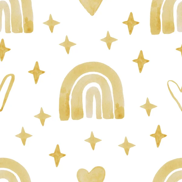 Formes organiques motif naïf avec arc-en-ciel doré sur fond blanc. Motif abstrait aquarelle sans couture, illustration dessinée à la main, conception textile de tissu de surface — Photo