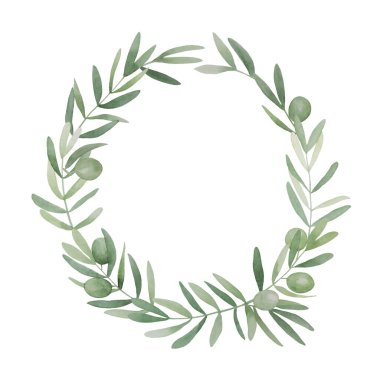 Green olive leaves wreath. Olivaceous twigs, branches, Pronence greenery frame.  clipart