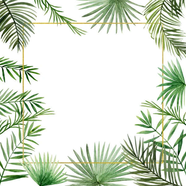 Zielone liście palmy złota ramka — Zdjęcie stockowe