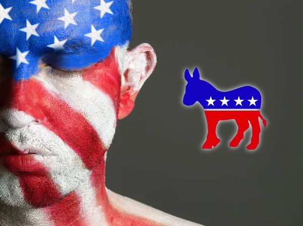 Man face flag USA, eyes closed, democrat symbol. — Stock Photo, Image