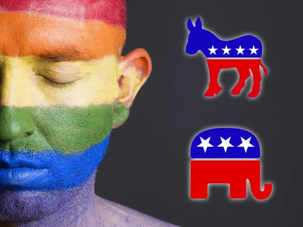 Gay flag face, democrat and republican symbols — Stock Photo, Image