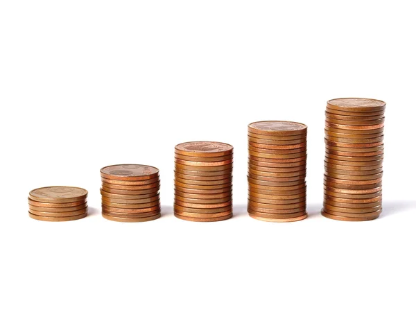 Cinco pilhas de moedas — Fotografia de Stock