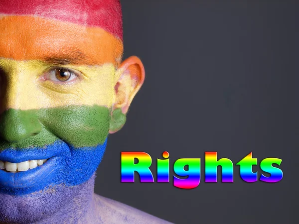 Homo vlag gezicht man en rechten concept — Stockfoto