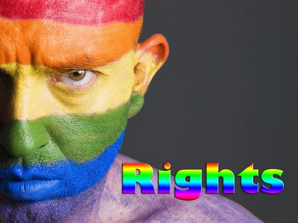 Gay flag face man, rights and serious expression — Stock Photo, Image