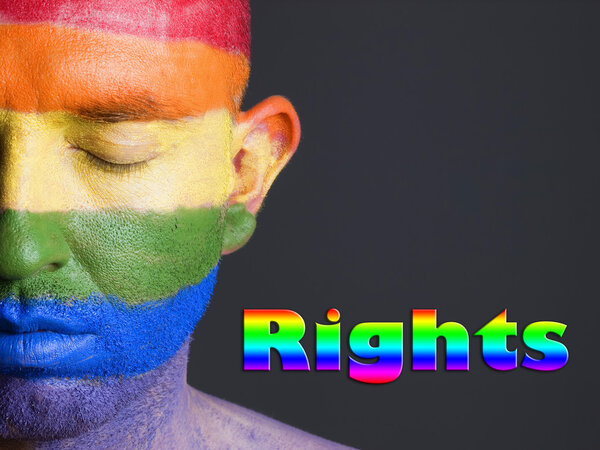Gay flag face man, word "rights" and closed eyes.