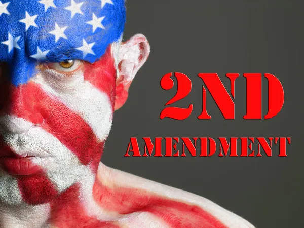 Man face flag USA, 2nd Amendment, serious expression. — Stock Photo, Image