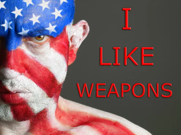 Man face flag USA, J'aime les armes, l'expresion grave — Photo