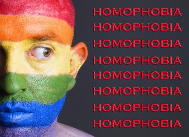 Gay flag face man, homophobia concept clipart