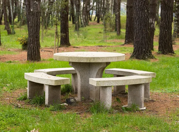 Kamienny stół i benchs w parku — Zdjęcie stockowe