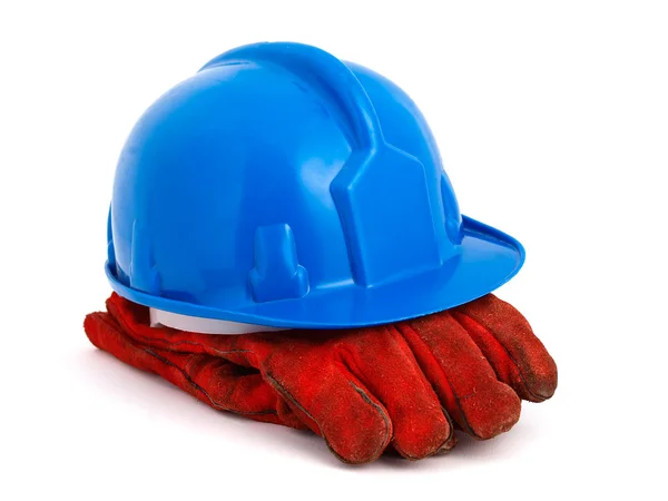 Blue safety helmet and red gloves — Stock Photo, Image