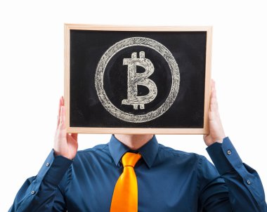 işadamı bitcoin sembolü arkasında yüzünü gizleme