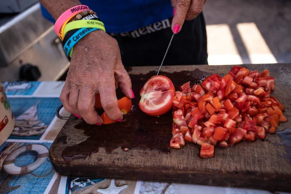 Preparation Red Tomatoes Festival Summer Carnival Muggia Trieste Italy — Stock fotografie