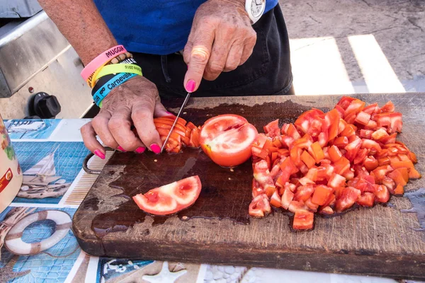 Preparation Red Tomatoes Festival Summer Carnival Muggia Trieste Italy — Stock fotografie