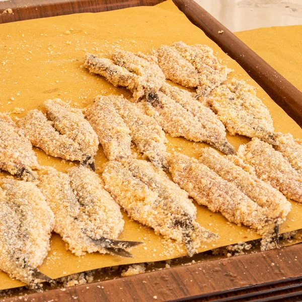 Typical Recipe Preparation Anchovy Breaded Muggia Trieste Italy — Foto de Stock