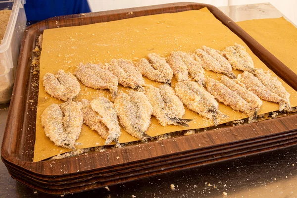 Typical Recipe Preparation Anchovy Breaded Muggia Trieste Italy — Fotografia de Stock